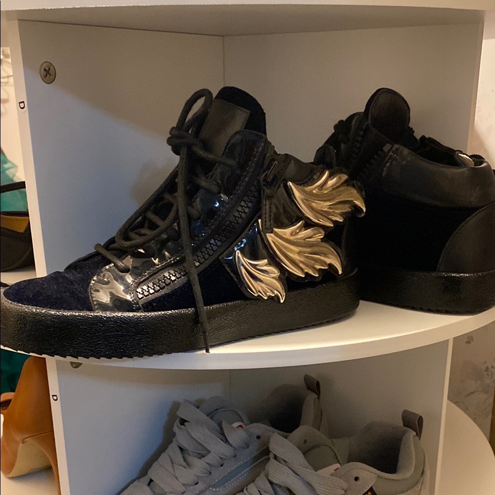 Designer Navy and Silver High-Top Sneakers